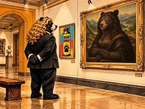 Blonde bear admiring paintings in a museum gallery with paws clasped behind its back.