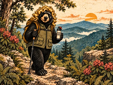 A blonde-haired bear hikes a mountain trail with a trekking pole and a can of bear spray.