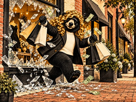 A blonde-haired bear bursts through a shattered storefront window with shopping bags as glass and dollar bills fly.